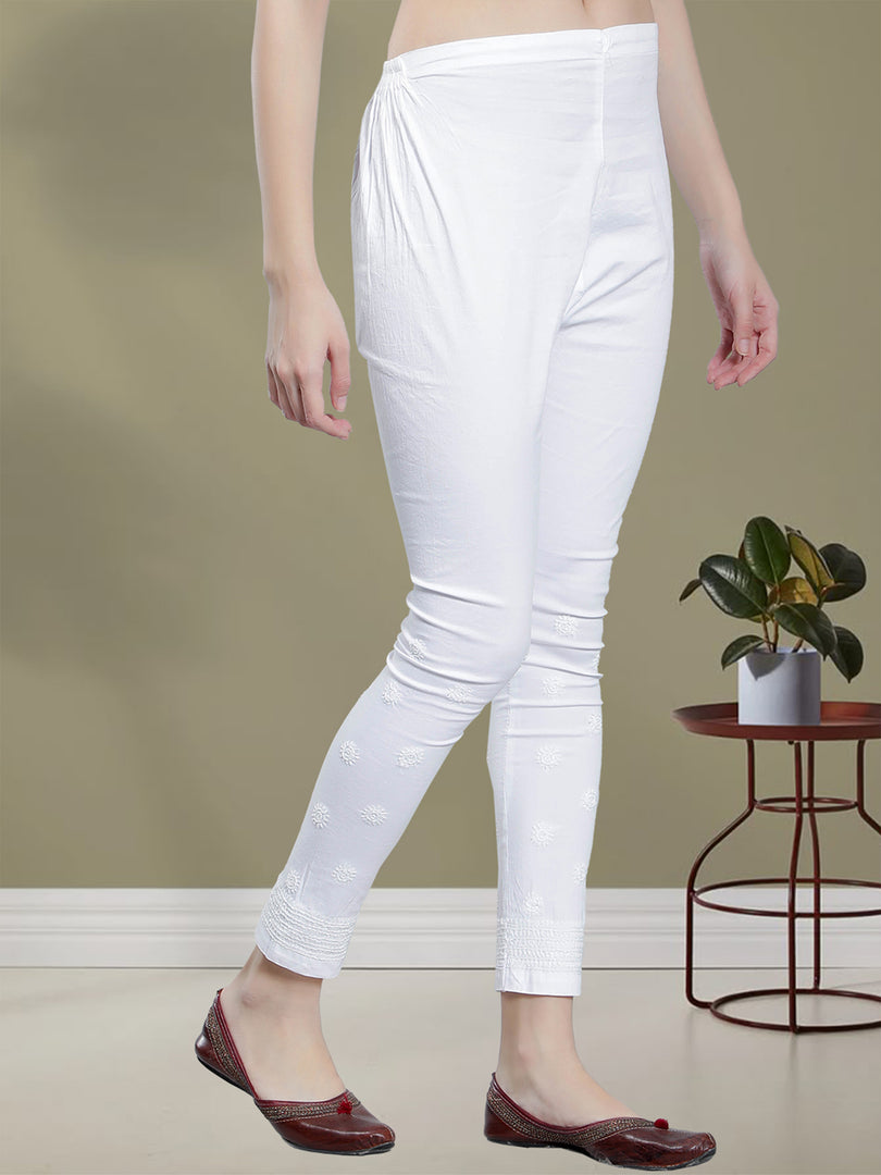 Seva Chikan Hand Embroidered White Cotton Lucknawi Chikankari Palazzo-SCL11026