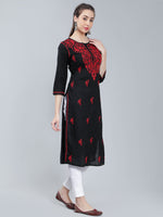 Load image into Gallery viewer, Seva Chikan Hand Embroidered Black Cotton Lucknowi Chikankari Kurta
