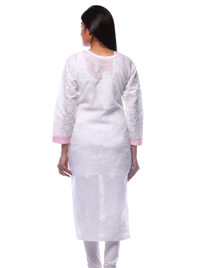 Seva Chikan Hand Embroidered White Cotton Lucknowi Chikan Kurti-SCL0304