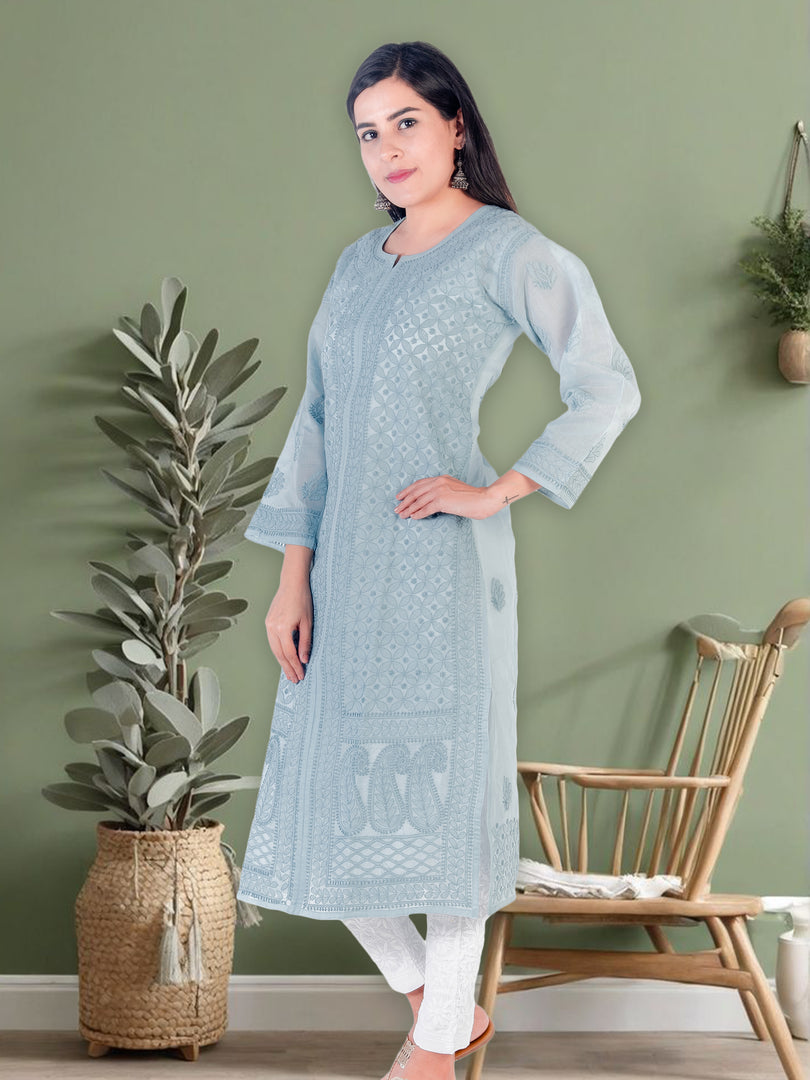 Seva Chikan Hand Embroidered Grey Cotton Lucknowi Chikan Kurti SCL1215