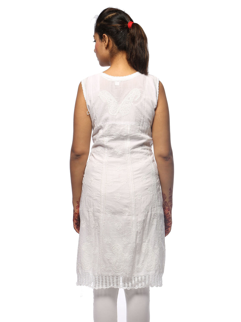 Seva Chikan Hand Embroidered White Cotton Lucknowi Chikan A-line Kurta-SCL0630