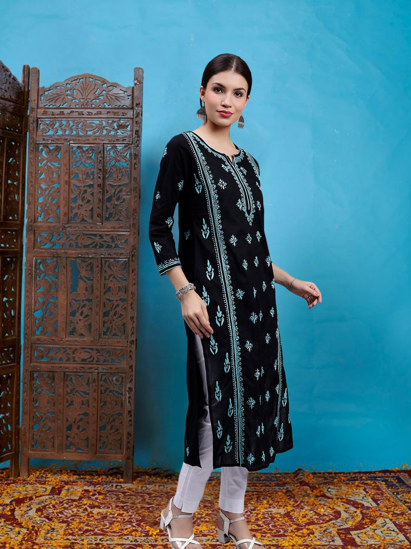 Seva Chikan Hand Embroidered Black Cotton Lucknowi Chikankari Kurta