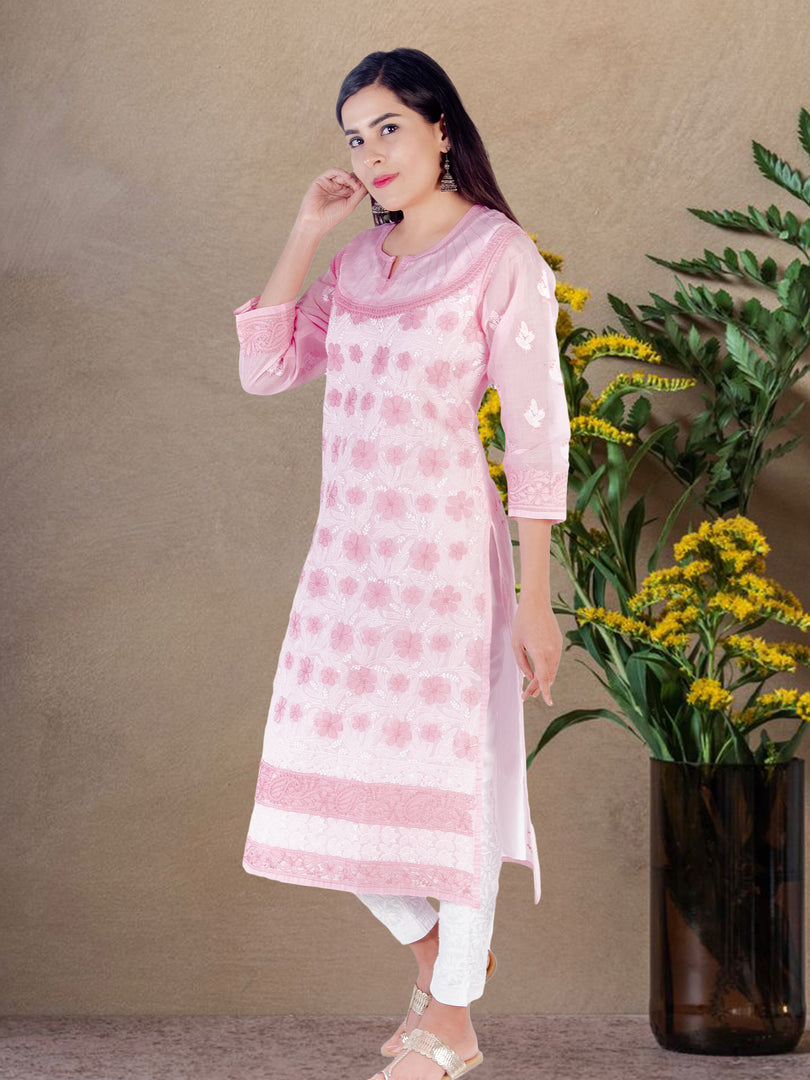Seva Chikan Hand Embroidered Pink Cotton Lucknowi Chikan Kurti SCL1203