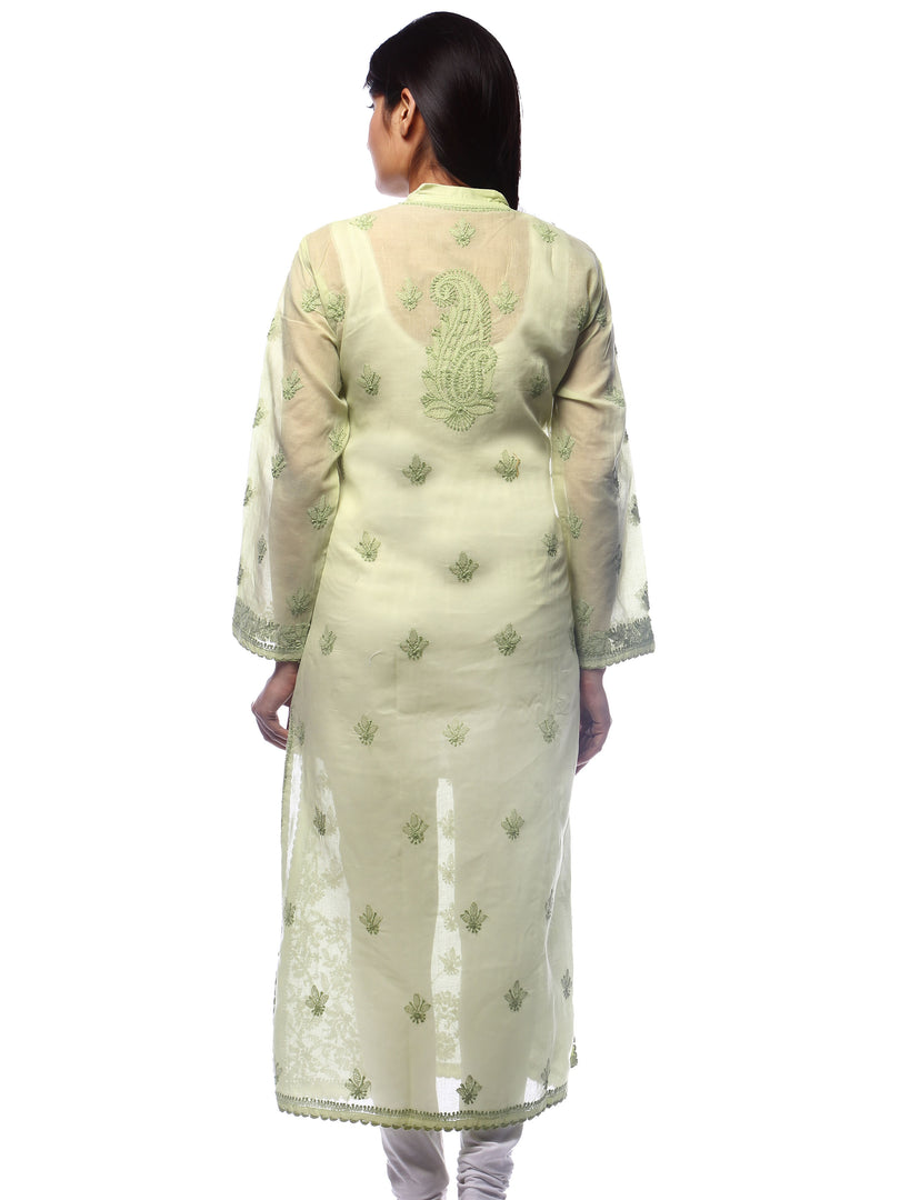 Seva Chikan Hand Embroidered Pista Green Cotton Lucknowi Chikan Kurti-SCL0266