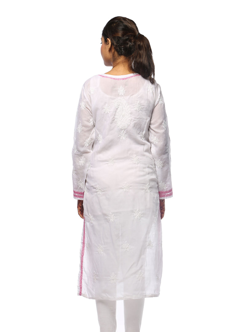Seva Chikan Hand Embroidered White Cotton Lucknowi Chikan Kurta-SCL0678