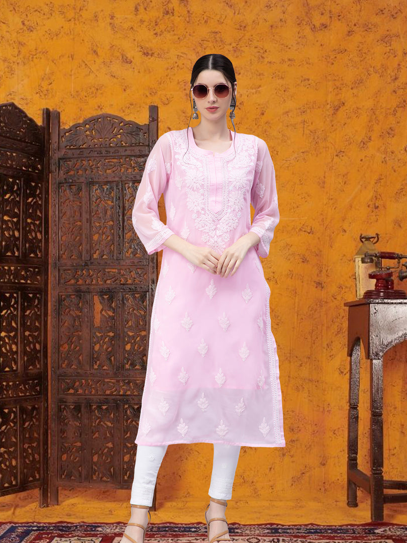 Seva Chikan Hand Embroidered Georgette Chikankari Kurta With Matching Slip