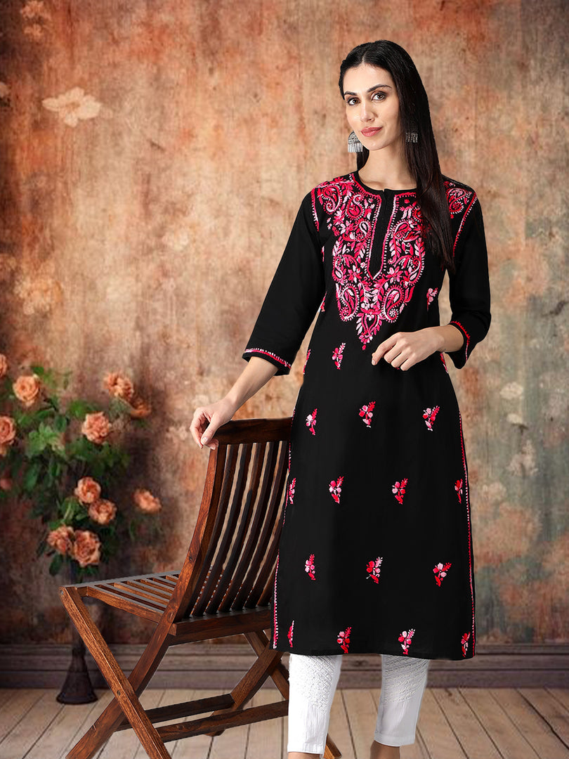 Seva Chikan Hand Embroidered Black Cotton Lucknowi Chikankari Kurta