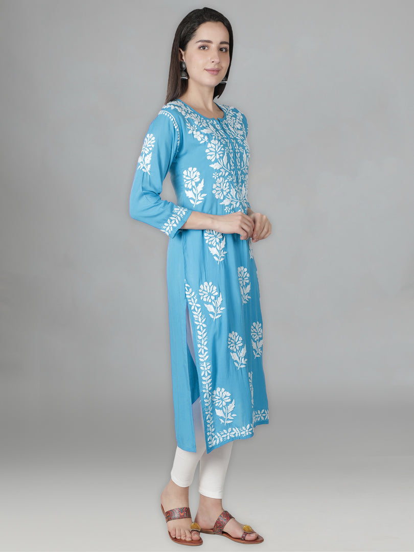 Seva Chikan Hand Embroidered Firozi Blue Modal Cotton Lucknowi Chikankari Kurta-SCL4345
