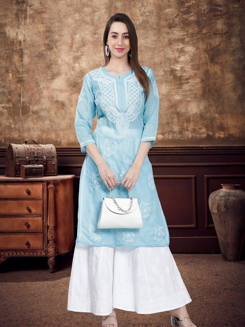 Seva Chikan Hand Embroidered Terivoil Cotton Lucknowi Chikan Kurti