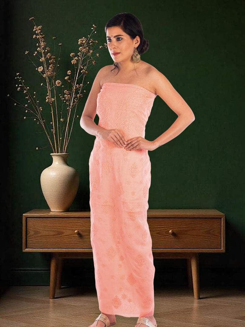 Seva Chikan Hand Embroidered Peach Chanderi Lucknowi Chikankari Unstitched Kurti Piece SCL1112