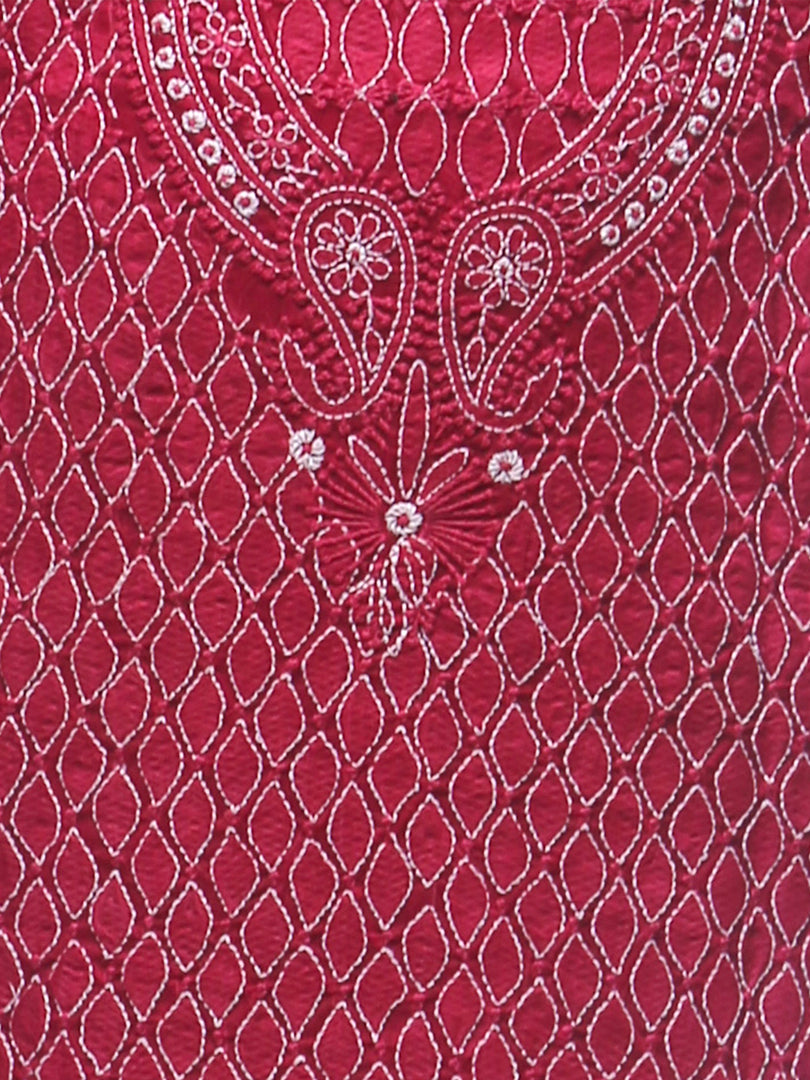 Seva Chikan Hand Embroidered Red Cotton Lucknowi Chikan Unstitched Kurti Piece-SCL0121