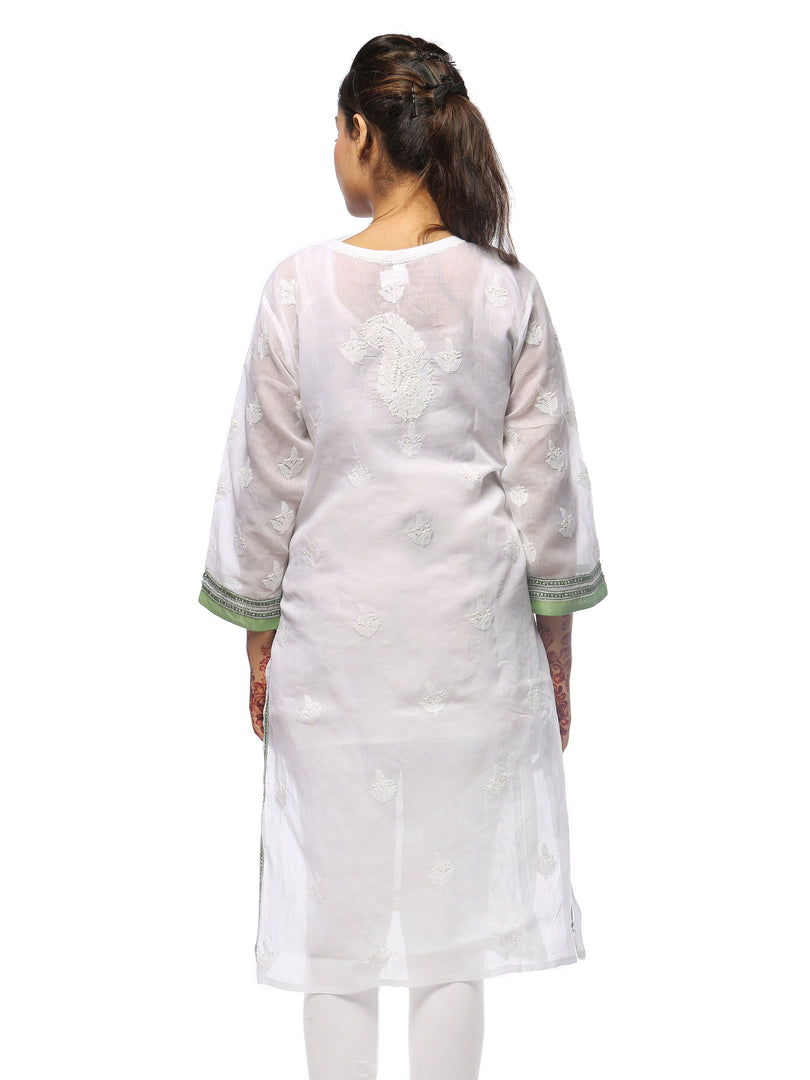 Seva Chikan Hand Embroidered White Cotton Lucknowi Chikan Kurti-SCL0681