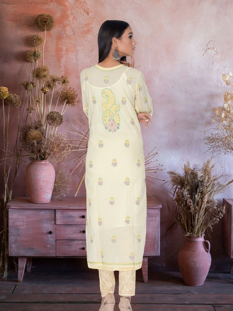 Seva Chikan Hand Embroidered Yellow Cotton Lucknowi Chikan Kurti SCL1006