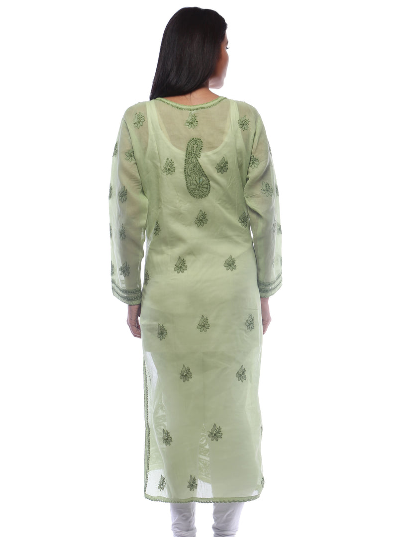 Seva Chikan Hand Embroidered Green Cotton Lucknowi Chikan Kurti-SCL0303