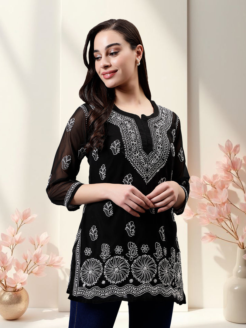 Seva Chikan Hand Embroidered Georgette Lucknowi Chikankari Top With Slip