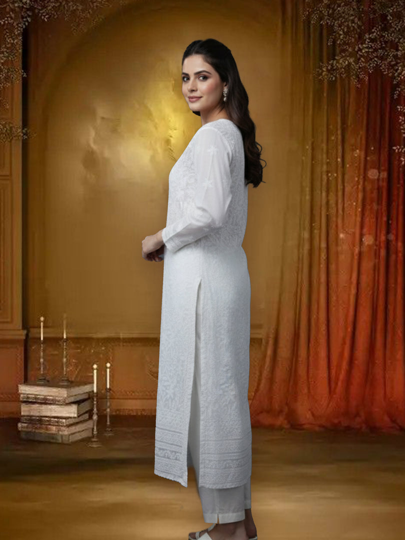 Seva Chikan Hand Embroidered White Cotton Lucknowi Chikan Kurti SCL0696