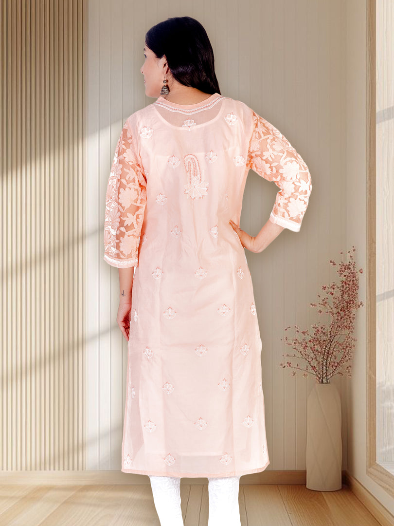 Seva Chikan Hand Embroidered Peach Cotton Lucknowi Chikan Kurti SCL1206