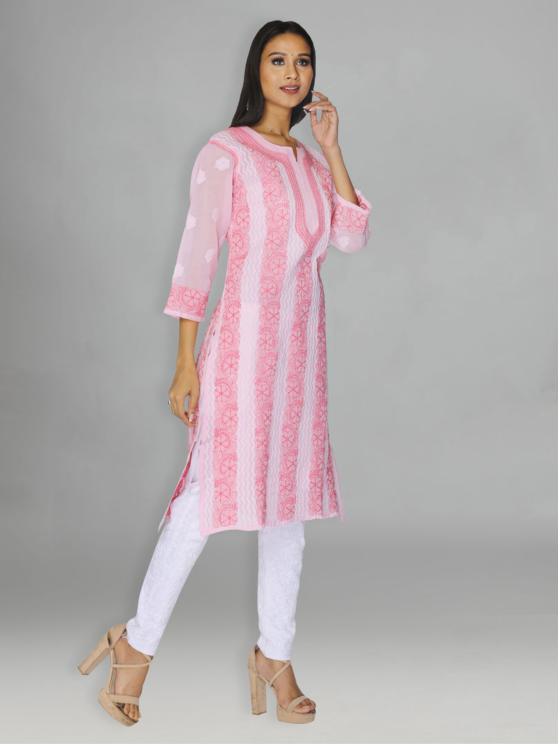 Seva Chikan Hand Embroidered Pink Cotton Lucknowi Chikankari Kurta-SCL0952
