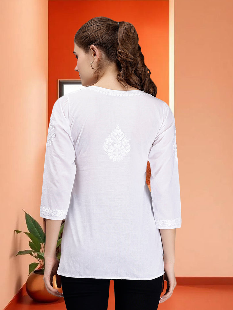 Seva Chikan Hand Embroidered White Cotton Lucknowi Chikankari Top SCL9101