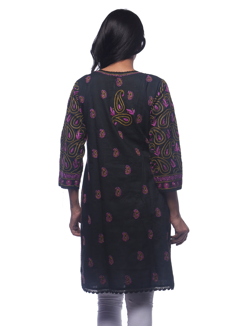 Seva Chikan Hand Embroidered Black Cotton Lucknowi Chikan Kurti-SCL0309