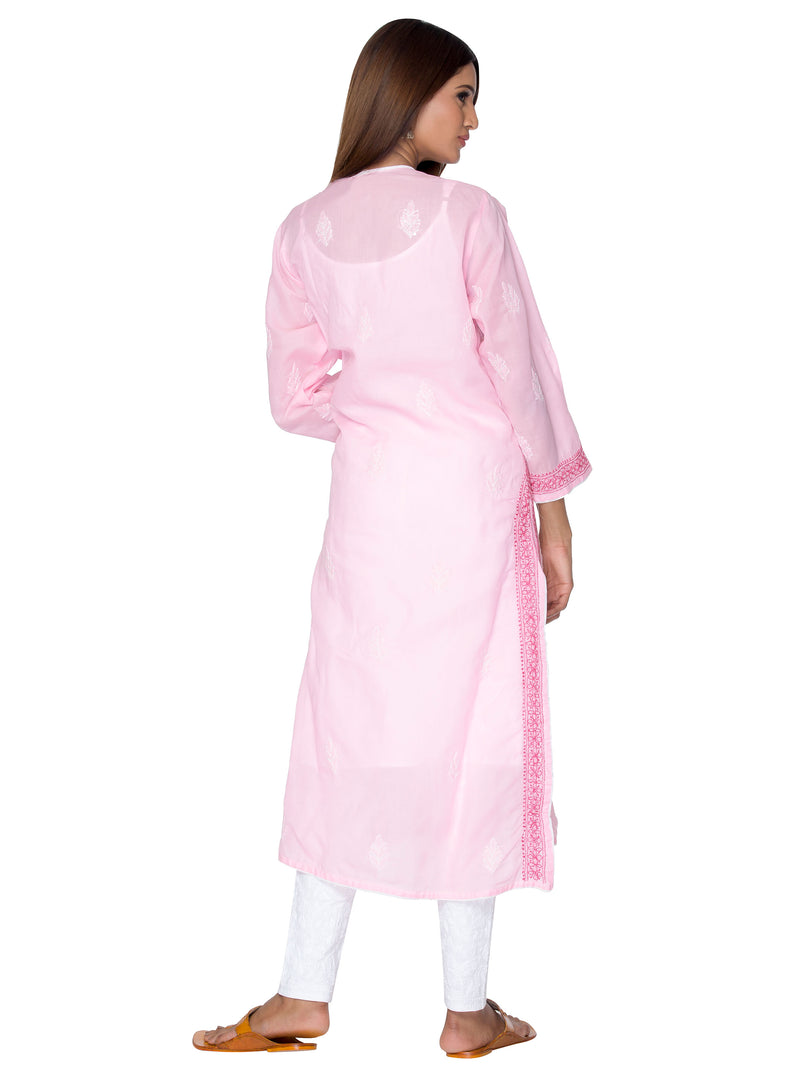 Seva Chikan Hand Embroidered Pink Cotton Lucknowi Chikan Kurta-SCL0900
