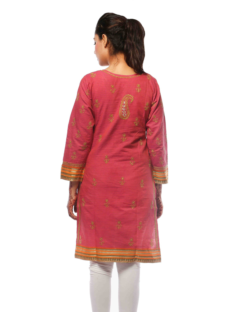 Seva Chikan Hand Embroidered Dark Pink South Cotton Lucknowi Chikan Short Kurti-SCL0601