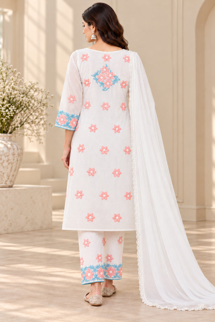 Seva Chikan Hand Embroidered White Terivoil Cotton Lucknowi Chikankari Unstitched Suit Piece-SEV15012