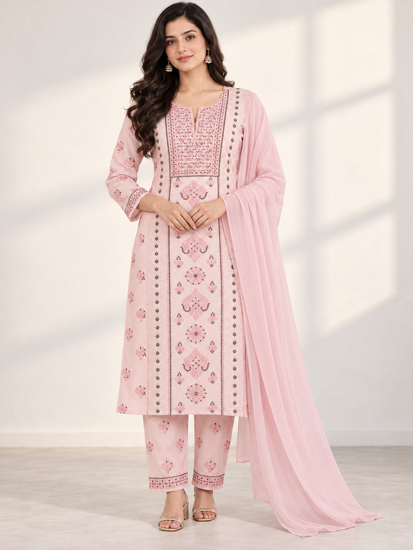 Seva Chikan Hand Embroidere Pink Terivoil Cotton Lucknowi Chikankari Unstitched Suit Piece-SEV15020