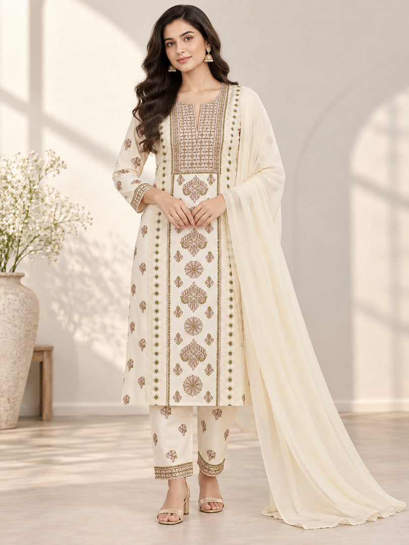 Seva Chikan Hand Embroidere Cream Terivoil Cotton Lucknowi Chikankari Unstitched Suit Piece-SEV15021
