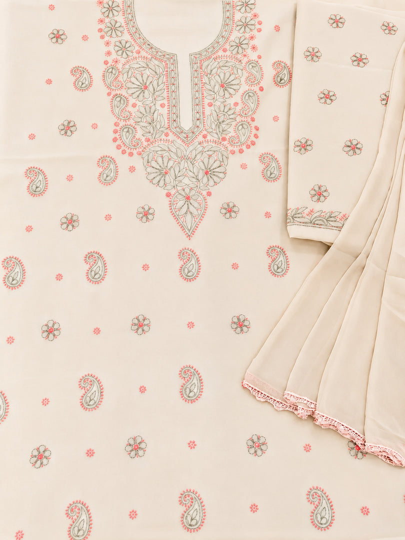 Seva Chikan Hand Embroidered Fawn Terivoil Cotton Lucknowi Chikankari Unstitched Suit Piece-SEV15003