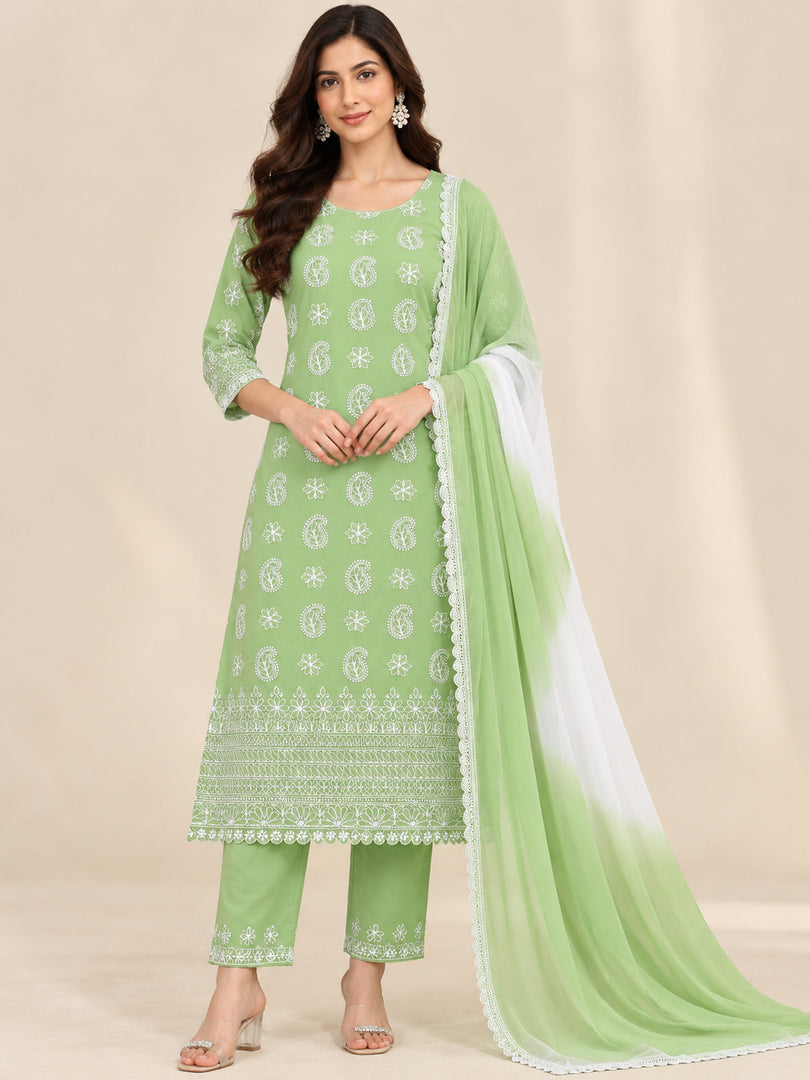 Seva Chikan Hand Embroidered Green Cotton Lucknowi Chikankari Unstitched Suit Piece-SEV15057