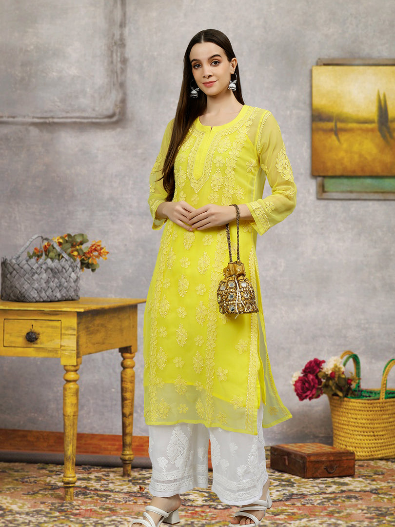 Seva Chikan Hand Embroidered Georgette Chikankari Kurta With Matching Slip