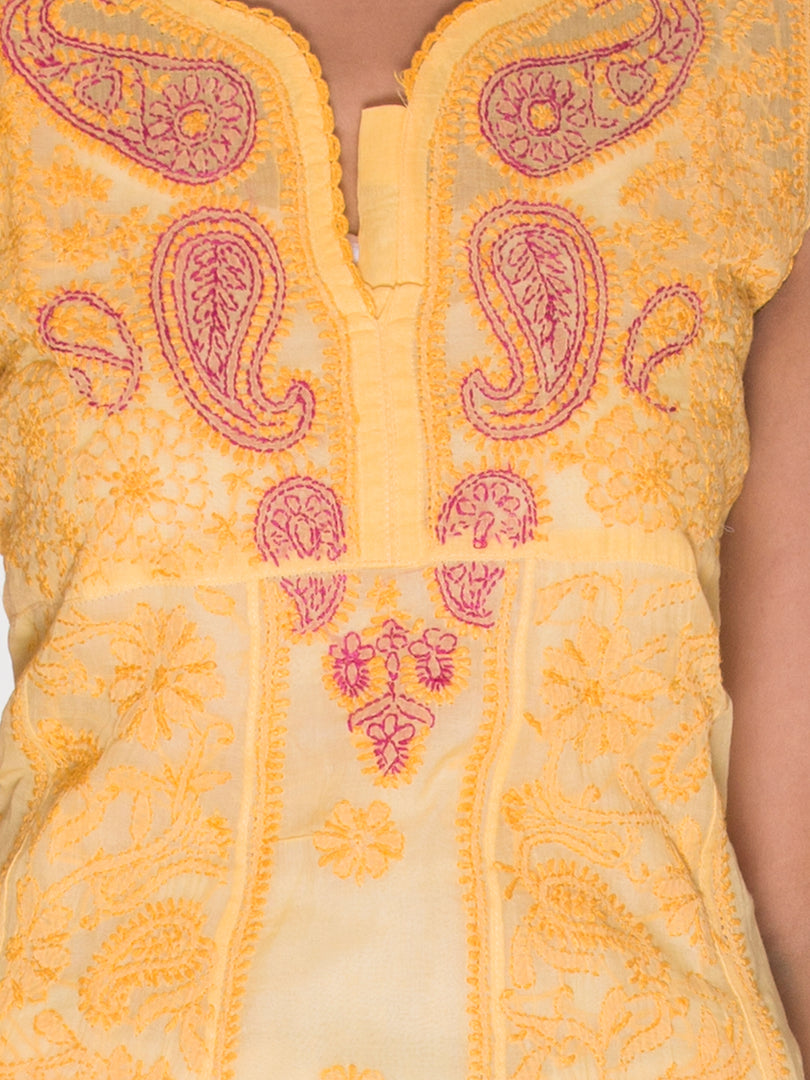 Seva Chikan Hand Embroidered Yellow Cotton Kurti Lucknow SCL1002