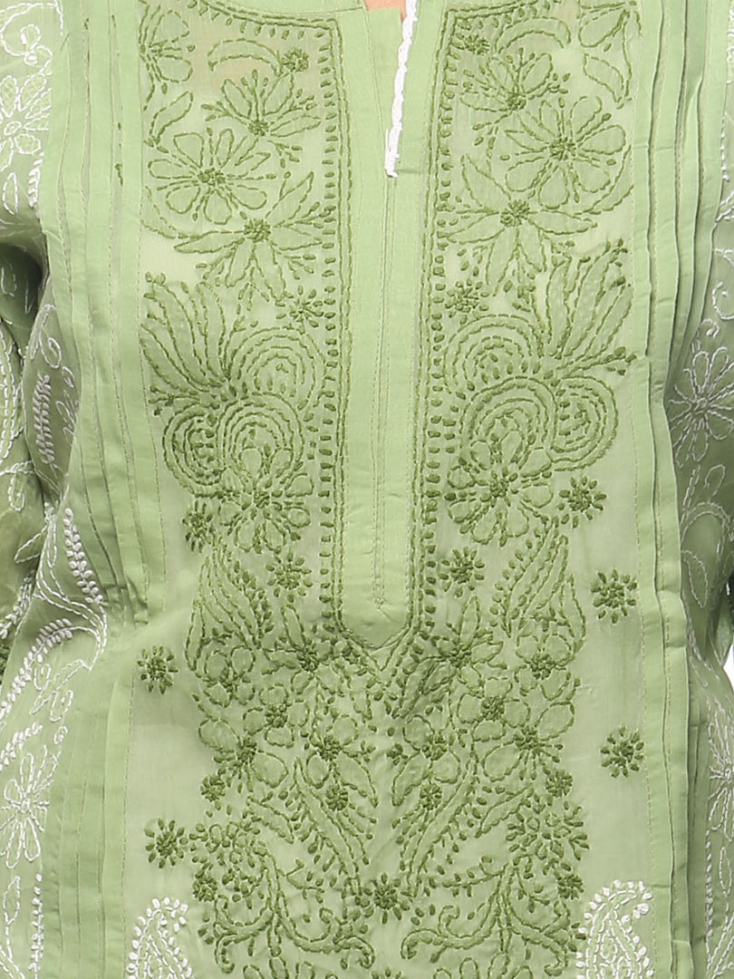 Seva Chikan Hand Embroidered Green Cotton Lucknowi Chikan Kurta-SCL0656