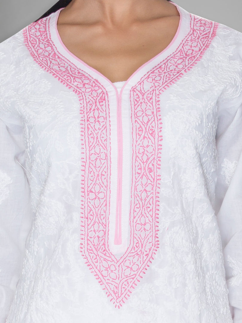 Seva Chikan Hand Embroidered White Cotton Lucknowi Chikankari Kurta-SCL0926