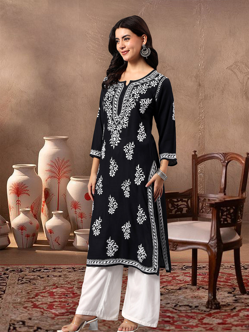 Seva Chikan Hand Embroidered Lucknowi Chikankari Black Rayon Kurta SCL4772