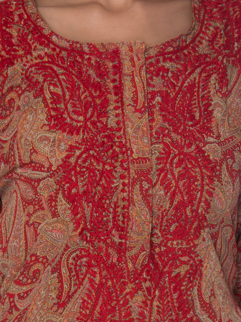 Seva Chikan Hand Embroidered Red Rayon Lucknowi Chikan Short Kurti SCL1050