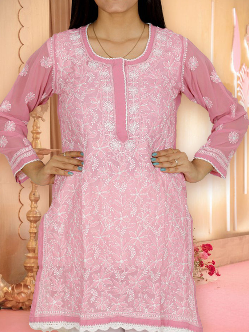 Seva Chikan Hand Embroidered Dark Pink Georgette Lucknowi Chikan Short Kurti SCL0339