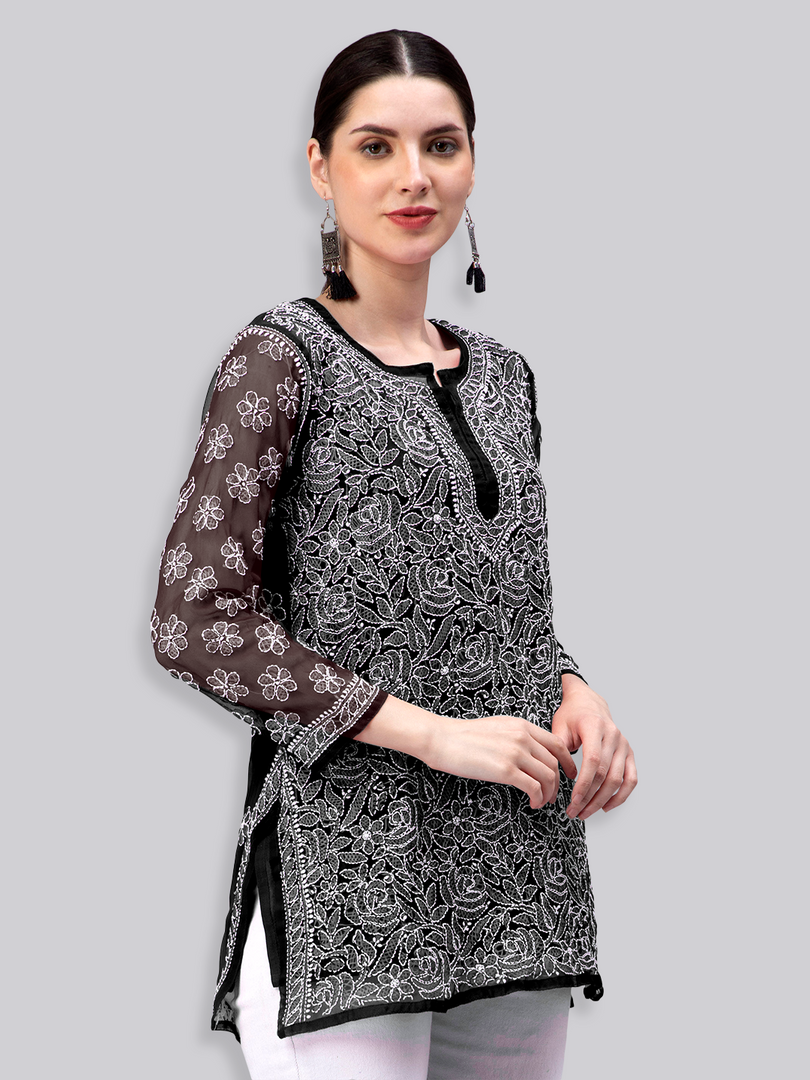 Seva Chikan Hand Embroidered Lucknowi Chikankari Black Georgette Short Top With Cotton Slip SCL9082