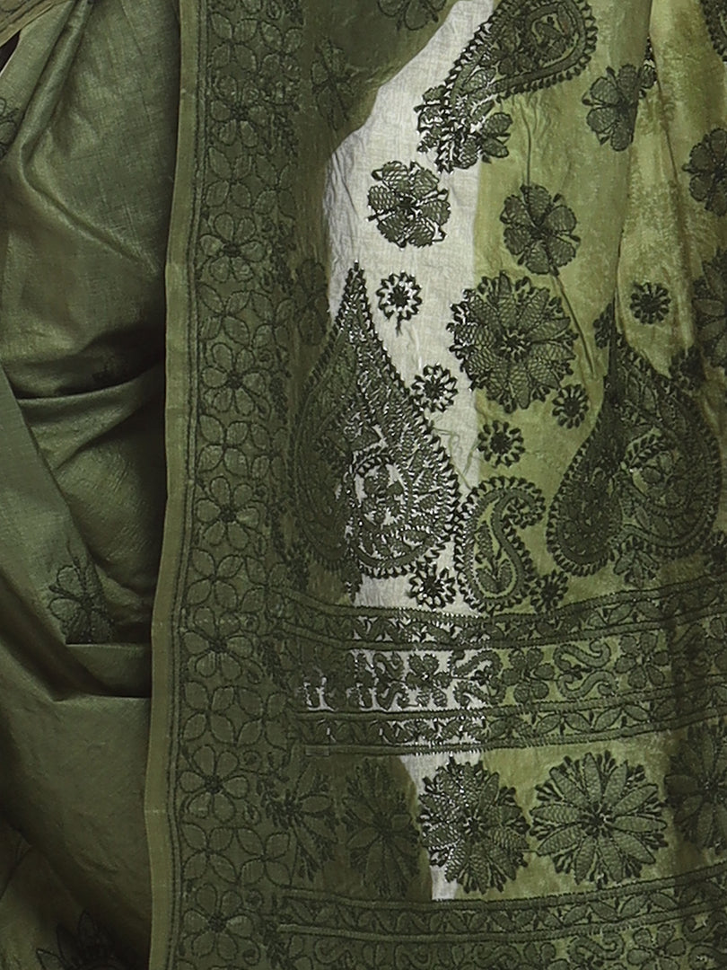 Seva Chikan Hand Embroidered Green Tusser Silk Lucknowi Saree-SCL2307