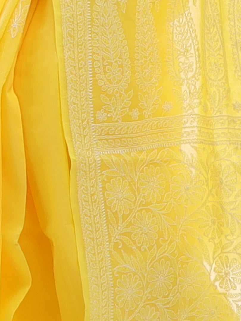 Seva Chikan Hand Embroidered Yellow Cotton Lucknowi Saree-SCL2324