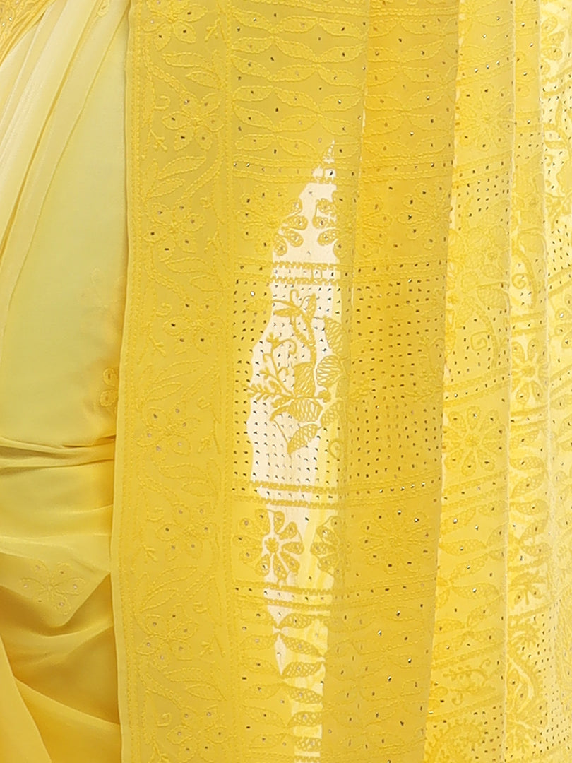 Seva Chikan Hand Embroidered Yellow Viscose Georgette Saree-SCL2348