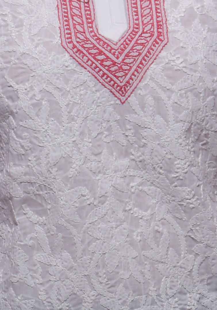 Seva Chikan Hand Embroidered White Cotton Lucknowi Chikankari Short Top-SCL0195