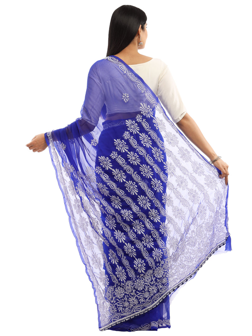 Seva Chikan Hand Embroidered Royal Blue Georgette Lucknowi Saree-SCL2003