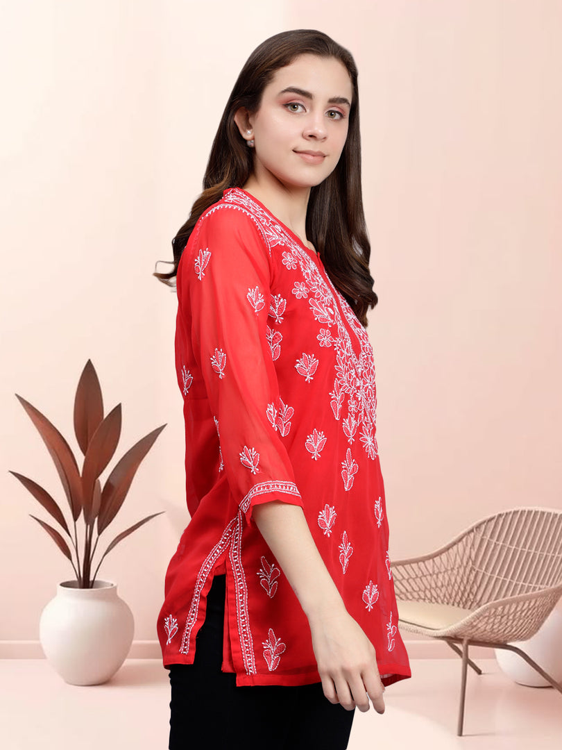 Seva Chikan Hand Embroidered Georgette Lucknowi Chikankari Top With Slip