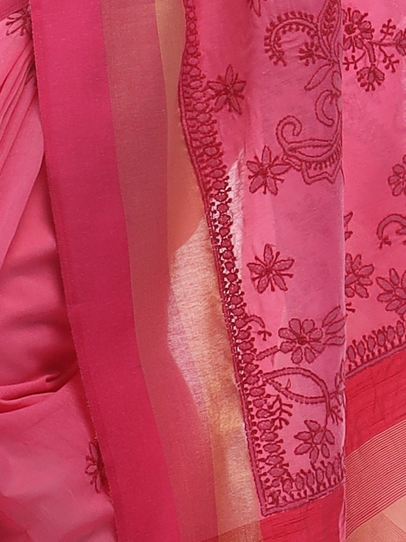 Seva Chikan Hand Embroidered Magenta Cotton Lucknowi Saree-SCL2482