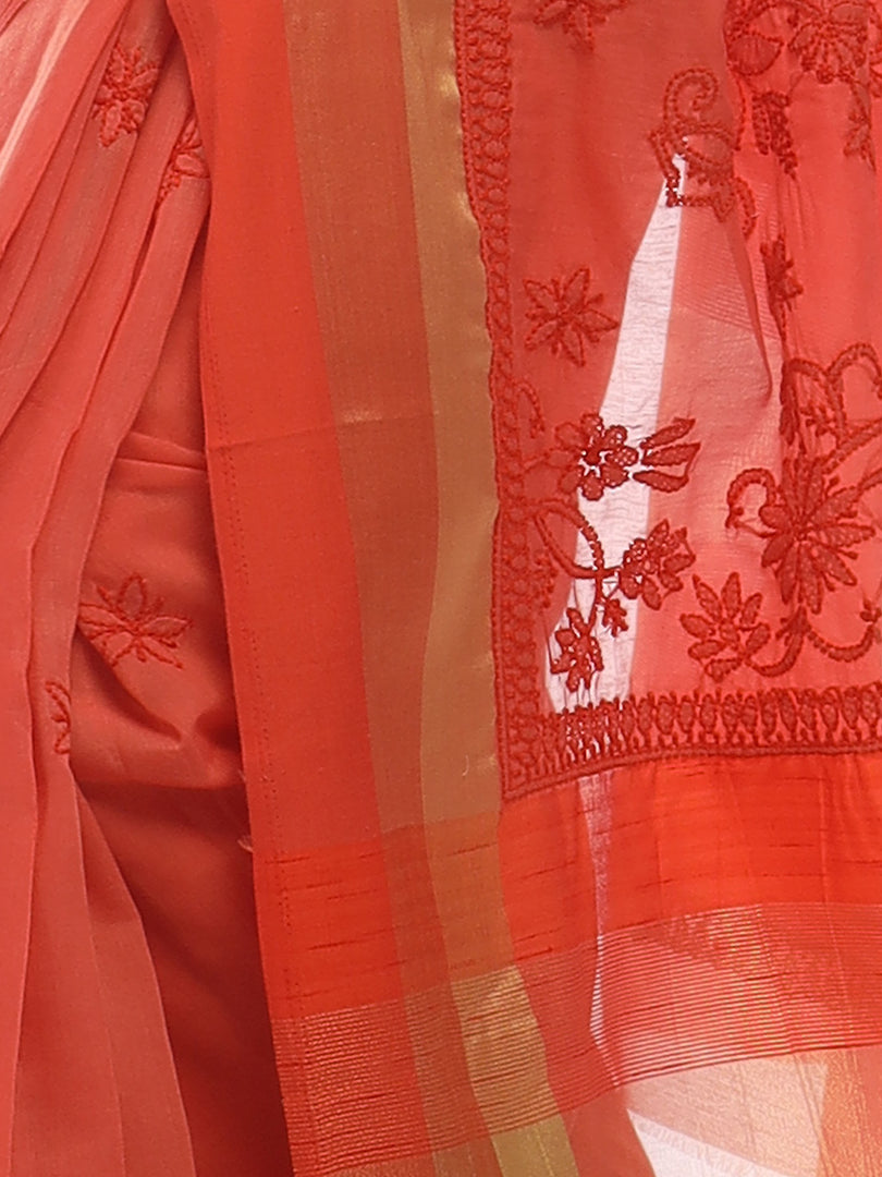 Seva Chikan Hand Embroidered Orange Cotton Lucknowi Saree-SCL2485