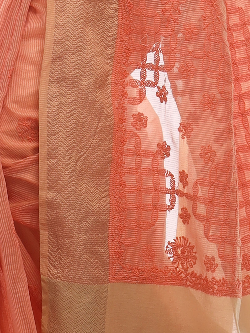 Seva Chikan Hand Embroidered Brown/Orange Cotton Lucknowi Saree-SCL2488