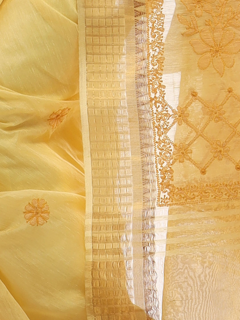 Seva Chikan Hand Embroidered Yellow Cotton Lucknowi Saree-SCL2490