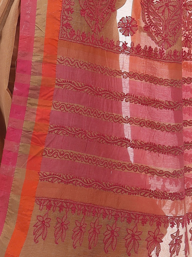 Seva Chikan Hand Embroidered Fawn Cotton Lucknowi Saree -SCL2492